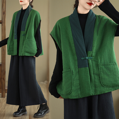 中式盘扣棉背心中国风女秋冬亚麻棉衣宽松大码棉坎肩马甲无袖上衣