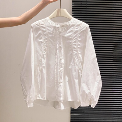 法式白色镂空蕾丝拼接衬衫女春秋设计感小众宽松显瘦独特别致衬衣