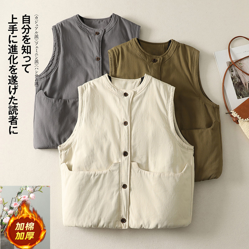 日系休闲夹棉保暖棉衣马甲外套女冬装加厚宽松叠穿马夹坎肩上衣潮