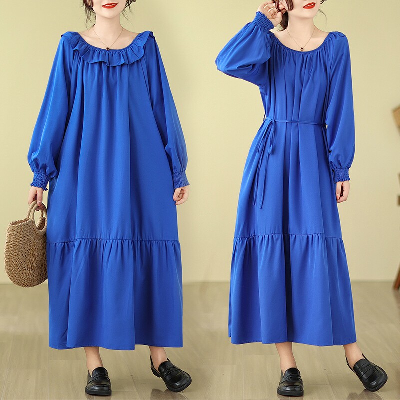 外贸出口原单设计感小众一字肩圆领两面穿连衣裙女宽松系带长裙子