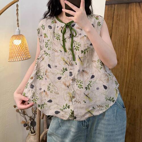森系复古木耳边苎麻背心衬衫女夏季薄款宽松减龄亚麻碎花无袖上衣