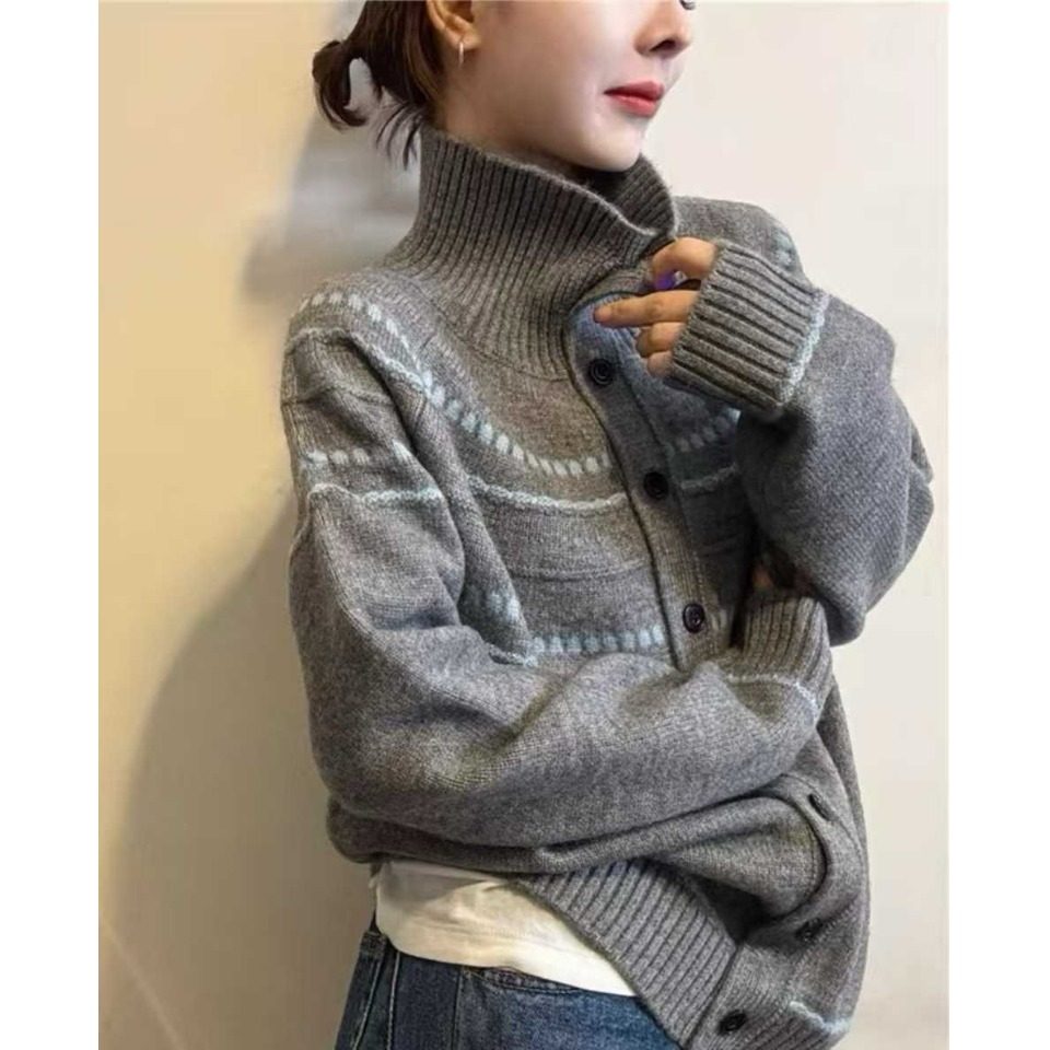 高领撞色条纹保暖毛衣短外套女秋冬加厚针织开衫慵懒休闲长袖上衣