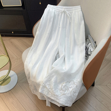 复古国风刺绣双层苎麻阔腿裤女夏季薄款松紧腰抽绳系带垂感长裤子