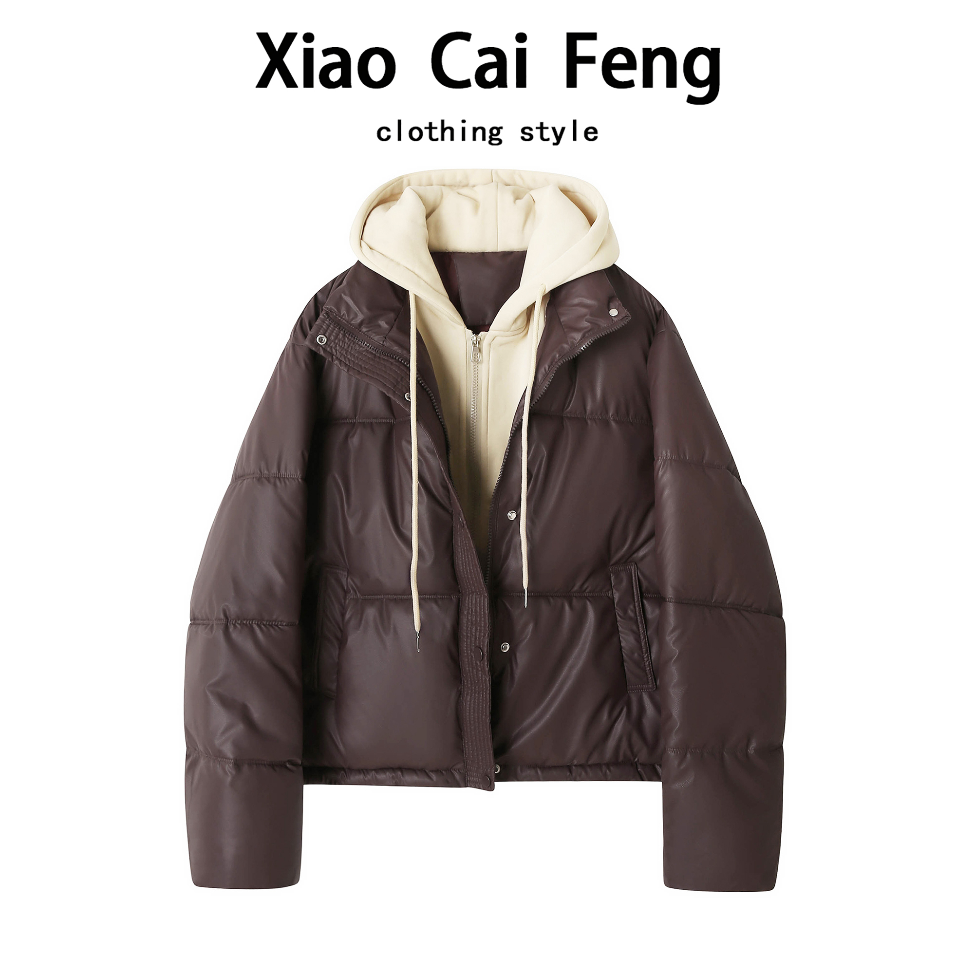 假两件连帽卫衣拼接羽绒棉服短外套女冬装时髦防寒保暖棉衣面包服