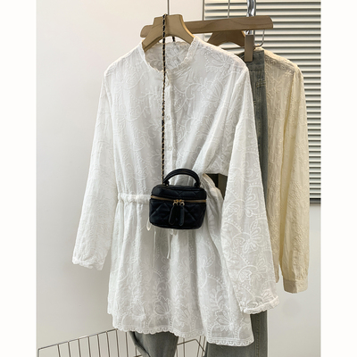 法式复古木耳边衬衫女春秋新款设计感小众收腰衬衣裙中长款上衣潮
