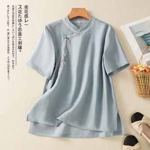 女装 衬衫 夏季 新款 宽松遮肚子亚麻上衣 新中式 小衫 斜襟盘扣棉麻短袖