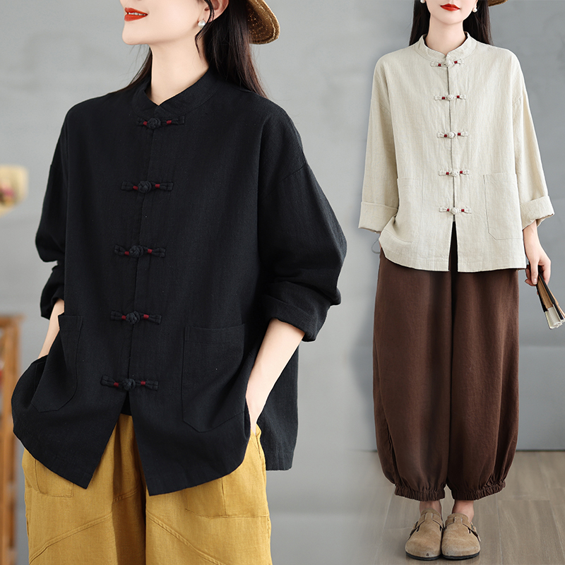 新中式复古盘扣棉麻衬衫女春秋宽松衬衣小众国风长袖茶服上衣外套