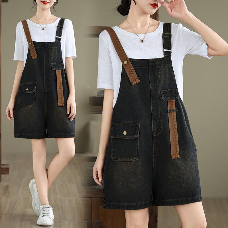 复古拼色工装牛仔背带短裤女夏季宽松显瘦减龄休闲直筒连体阔腿裤