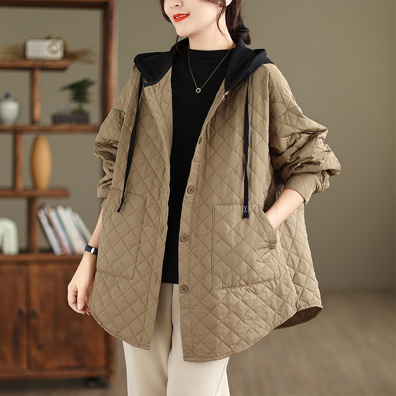 时尚菱形格连帽轻薄羽绒棉服女