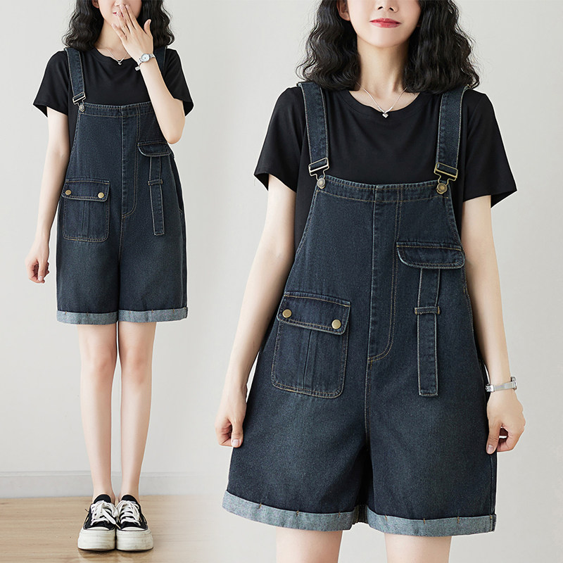 复古做旧拼接休闲工装连体短裤女夏季薄款宽松显瘦牛仔背带短裤子