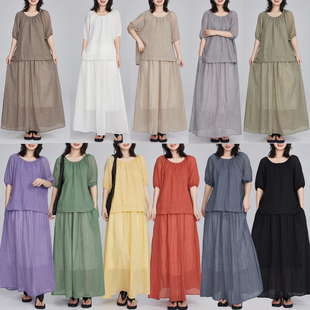大码时尚苎麻宽松休闲套装女夏季棉麻系带衬衫半身裙两件套连衣裙