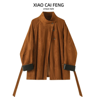 复古美拉德棕色鹿皮绒皮衣外套女秋季中长款美式高级休闲夹克风衣
