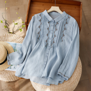 复古刺绣苎麻衬衫 文艺复古棉麻上衣宽松休闲褶皱衬衣 女2025春新款