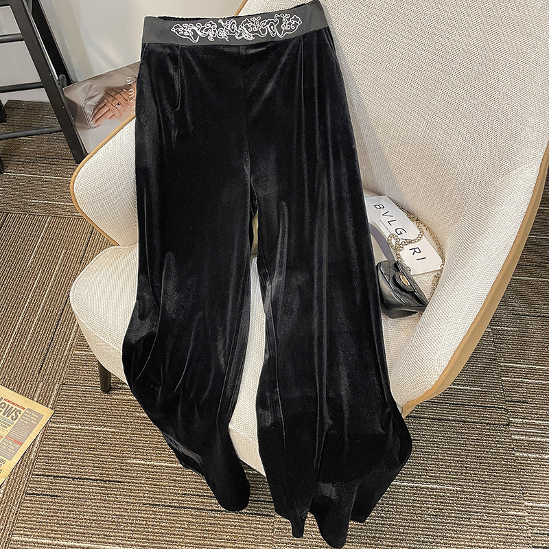 黑色金丝绒阔腿裤女春秋冬新中式重工刺绣高腰垂感直筒休闲微喇裤,女装/女士精品,休闲裤,淘宝优惠券,粉丝福利购,淘宝优惠卷