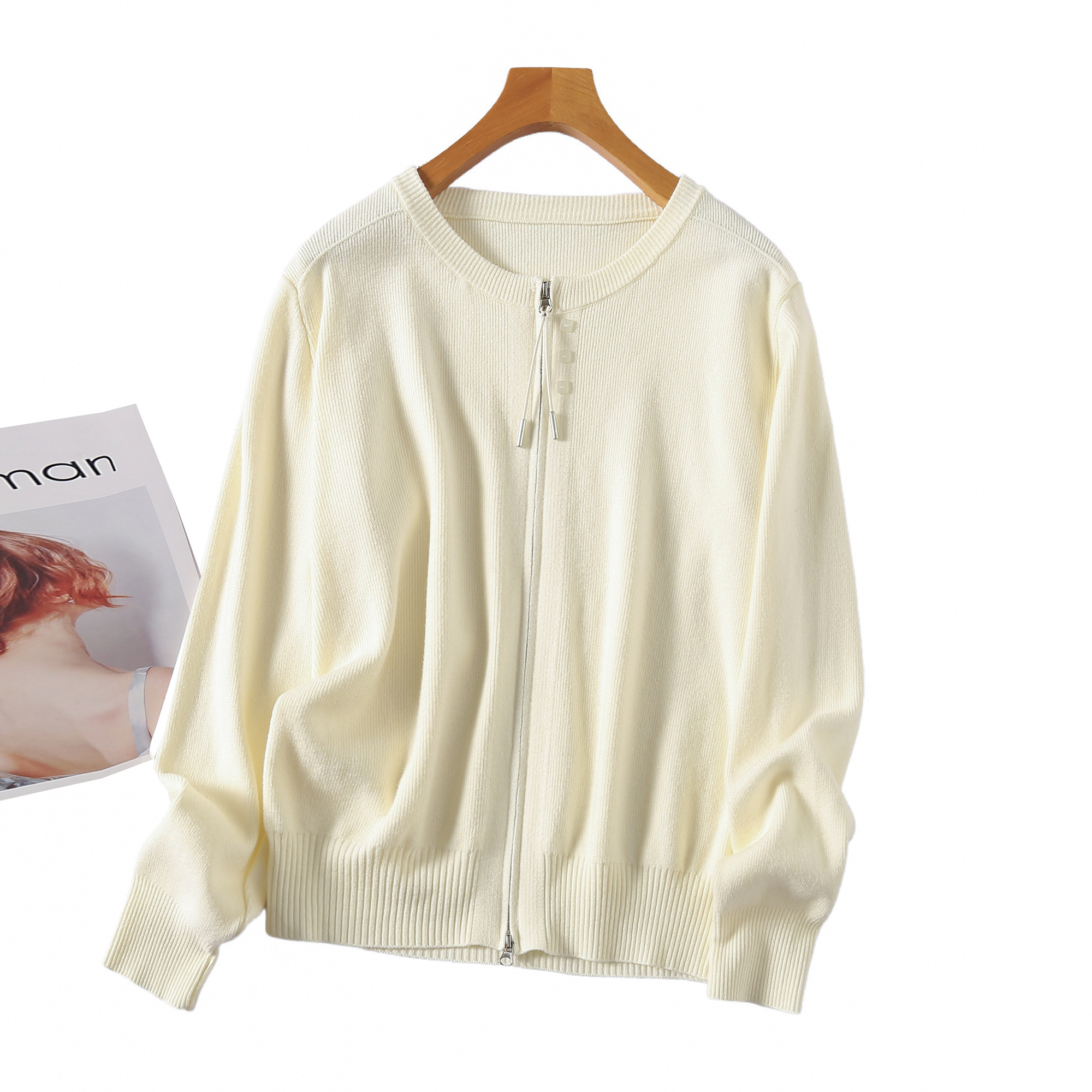 米白色别致双拉链针织衫女秋冬爆款休闲宽松简约百搭毛衣外套上衣