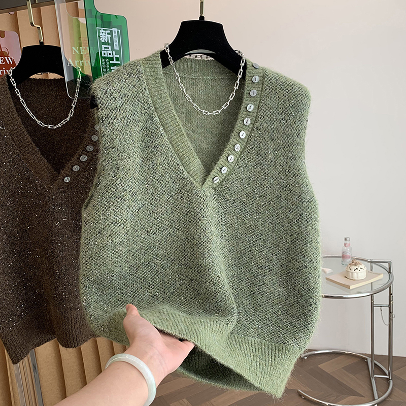 高级感细闪v领针织马甲女秋冬新款气质显瘦叠穿套头坎肩背心上衣