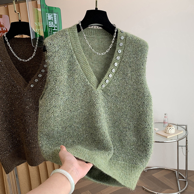 高级感细闪v领针织马甲女秋冬新款气质显瘦叠穿套头坎肩背心上衣