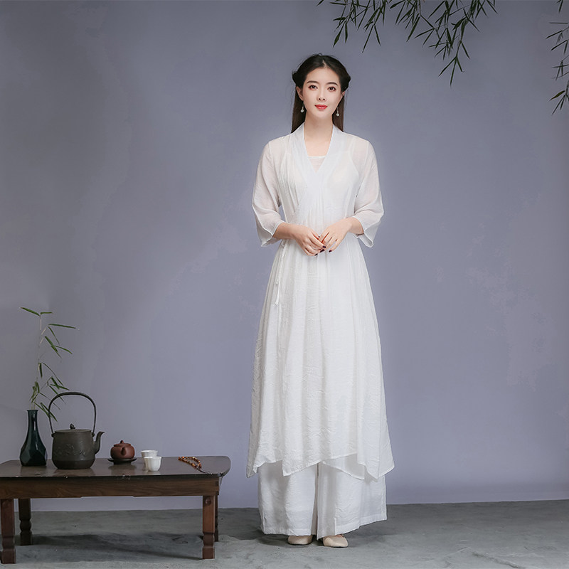 中国风汉服改良版阔腿裤三件套仙气茶服佛系衣服新中式禅意连衣裙图片