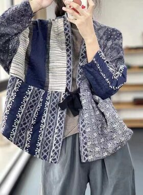 民族风印花拼布棉衣棉服女冬装系带开襟宽松显瘦夹棉保暖百搭外套