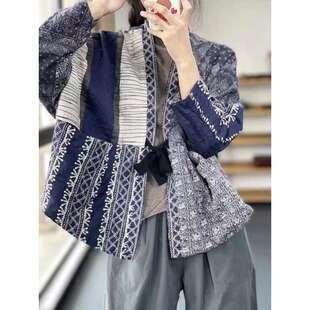 民族风印花拼布棉衣棉服女冬装系带开襟宽松显瘦夹棉保暖百搭外套