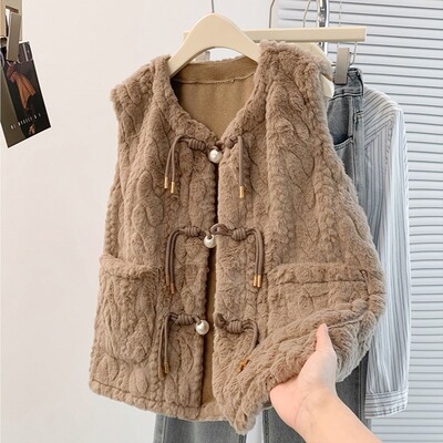 中式复古流苏盘扣水貂毛马甲女秋冬皮毛一体洋气保暖叠穿坎肩马夹