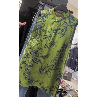 新中式盘扣无袖背心上衣女夏季中长款国风印花桑蚕丝旗袍改良衬衫