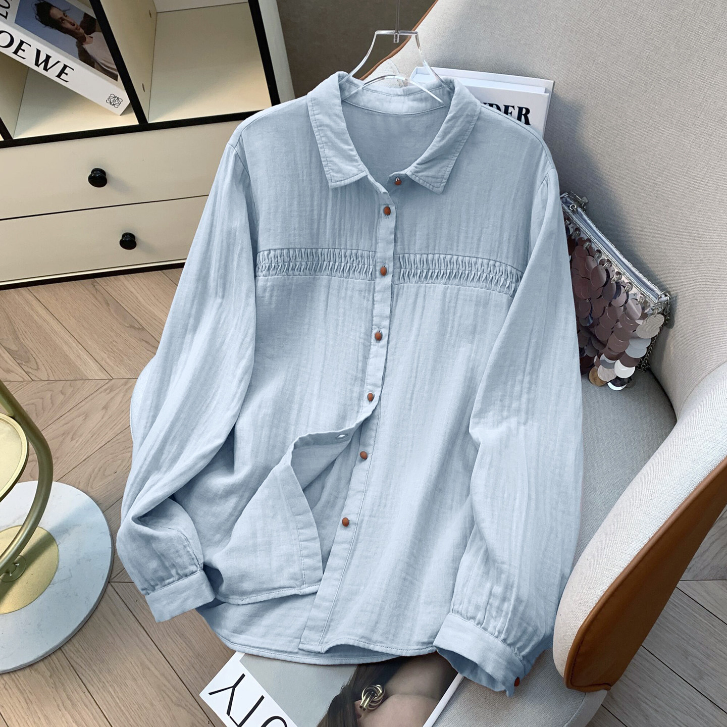 港风早春双层棉纱长袖刺绣薄款衬衫女纯色宽松显瘦气质简约开衫潮