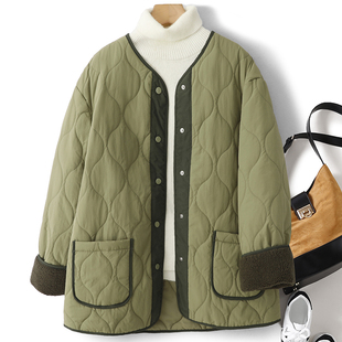 韩版圆领拼色棉衣外套女冬季内里羊羔绒时尚保暖中长款面包服上衣