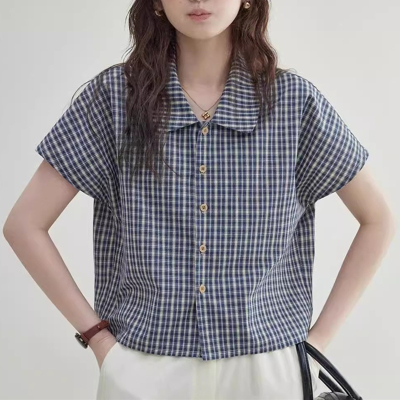 高级感格子娃娃领衬衫女短袖夏季新款设计感小众休闲减龄短款上衣