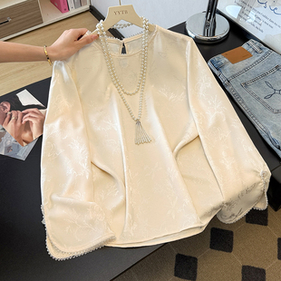 打底衫 内搭衬衫 女春秋新中式 长袖 上衣 缎面提花年轻版 配国风马甲