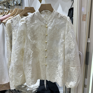 新中式泡泡袖蕾丝衬衫女春秋气质国风提花百搭显瘦打底衫别致上衣