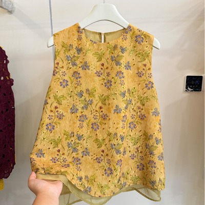 新中式国风提花网纱拼接背心衬衫女夏季气质小众不撞款无袖上衣潮