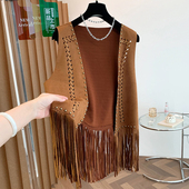 西部牛仔风重工柳钉流苏马甲女秋装 上衣潮 复古麂皮绒叠穿外搭开衫