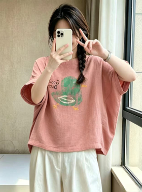 韩系慵懒手绘风绿色小鸭子印花T恤女夏新款童趣减龄圆领短袖上衣