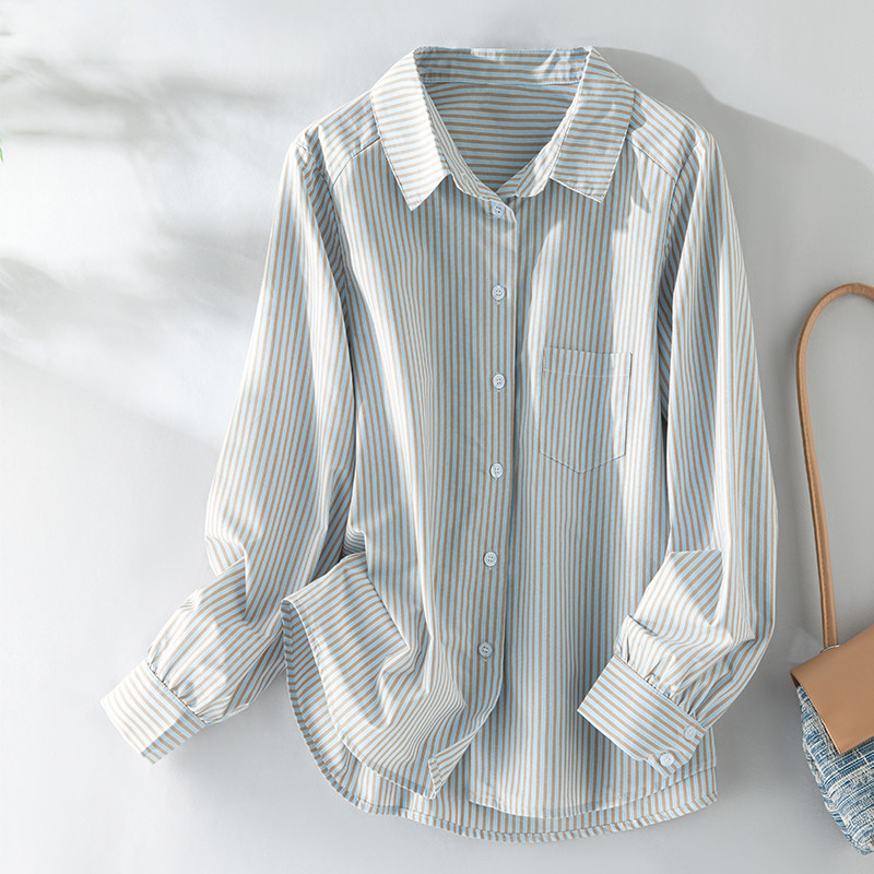 咖蓝撞色条纹翻领衬衫女春秋季慵懒风宽松显瘦内搭可外穿开衫上衣,女装/女士精品,衬衫,淘宝优惠券,粉丝福利购,淘宝优惠卷