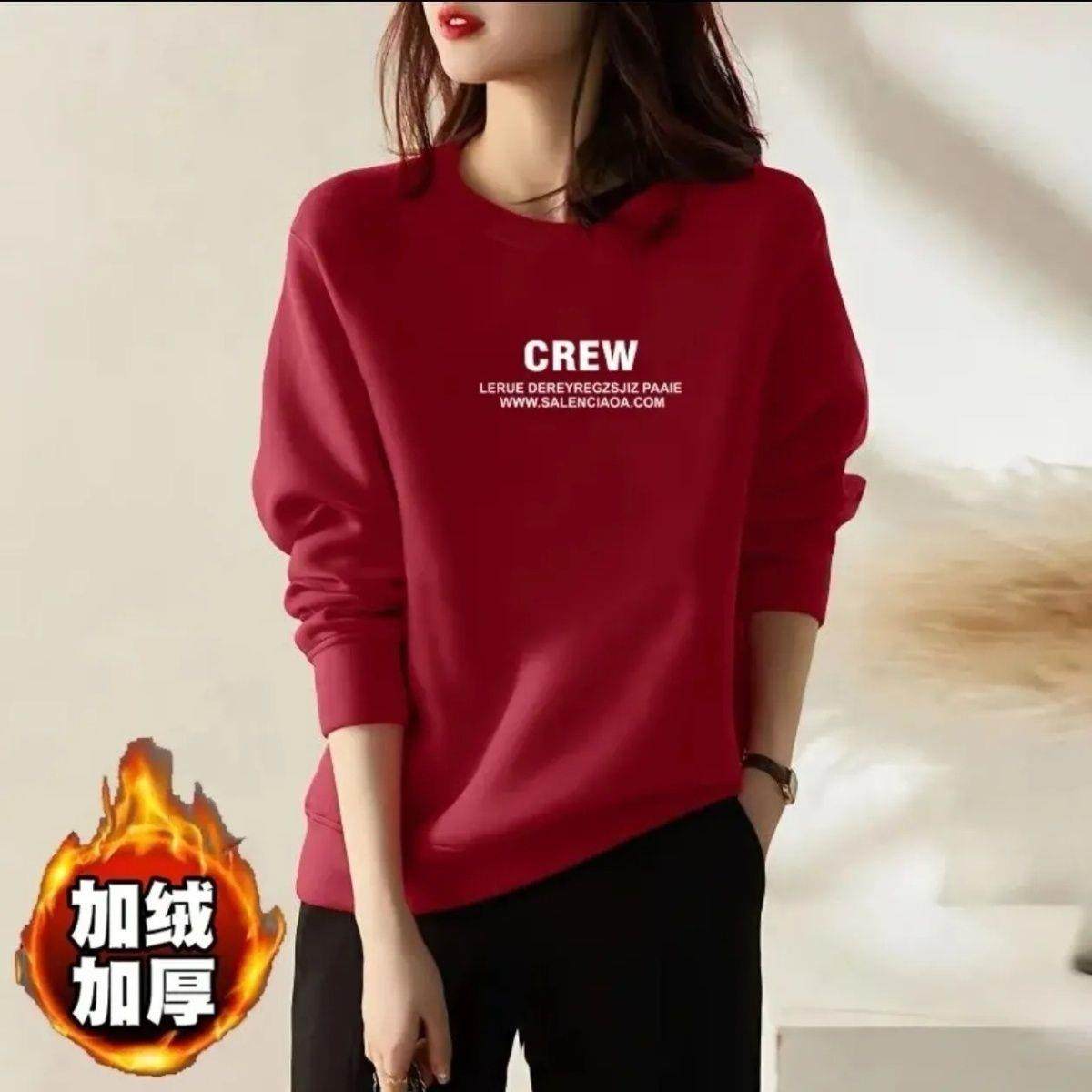 女款保暖加绒长袖卫衣冬季韩版休闲圆领短款上衣宽松洋气潮流CREW