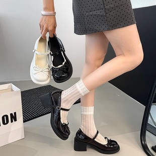 小皮鞋女配裙子2025新款蝴蝶结粗跟白色圆头玛丽珍鞋英伦风jk单鞋