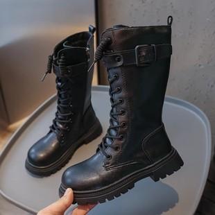 女童长筒长靴子秋冬黑色加绒高筒靴儿童马丁靴女孩中大童走秀皮靴