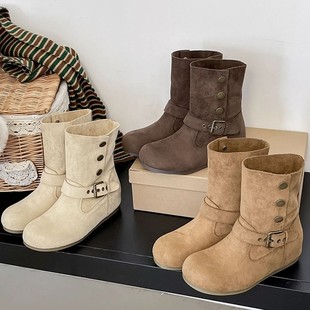 百搭美拉德中筒马丁靴女2025秋冬新爆款显瘦绒面软平底西勃肯短靴