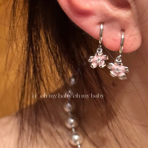 弹簧圆圈耳夹无耳洞粉色樱花吊坠