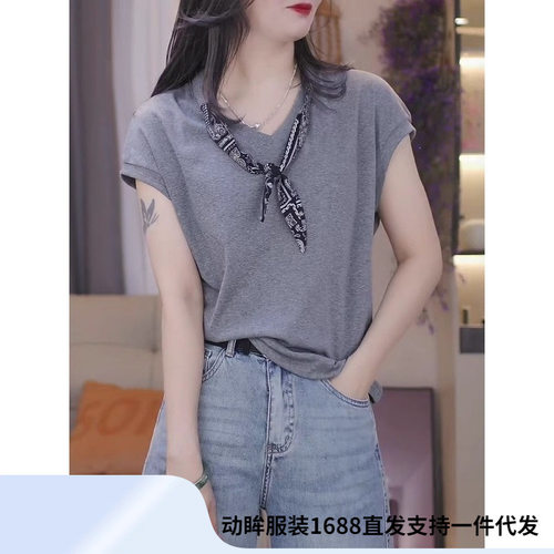 纯棉丝巾V领短袖t恤女202