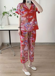 绵绸花色短袖套装2024田园中式宽松大码两件套人造棉薄款居家服