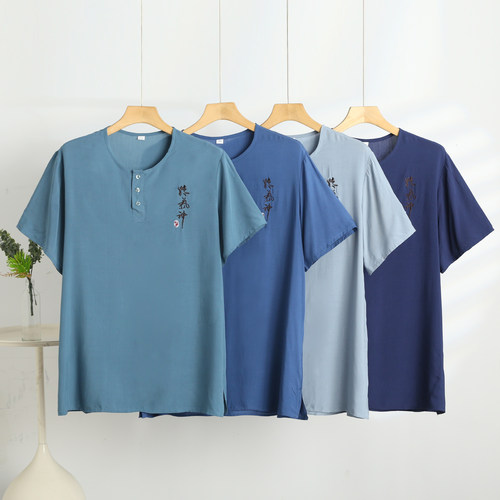 夏季薄款中年男士棉绸短袖T恤衫刺绣练功服爸爸款大码人造棉套头