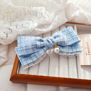 学院风蓝色格纹大蝴蝶结女童发夹珍珠装饰蕾丝边可爱发饰少女顶夹