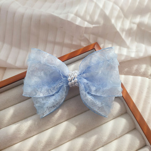 蓝色双层蕾丝蝴蝶结珍珠公主发饰女孩甜美顶夹发卡儿童可爱头饰粉