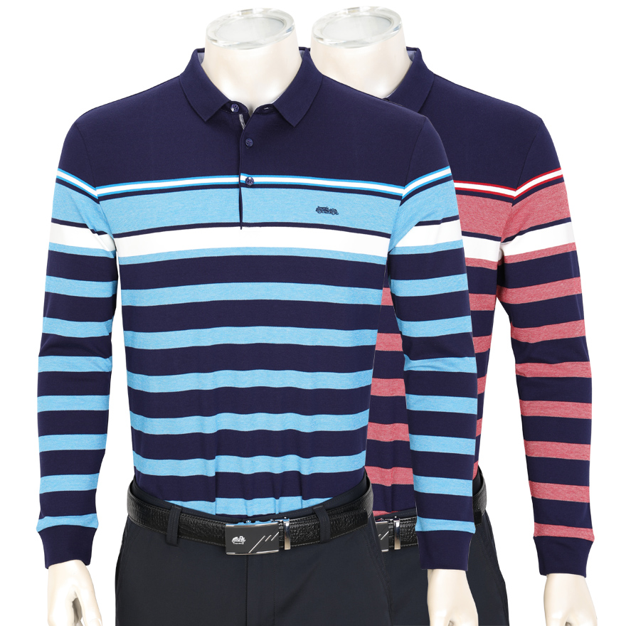 中年秋冬大码翻领条纹长袖t恤