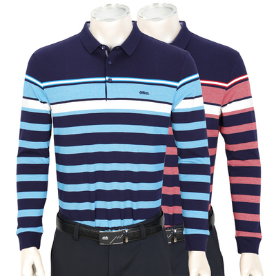 中年秋冬大码翻领条纹长袖t恤