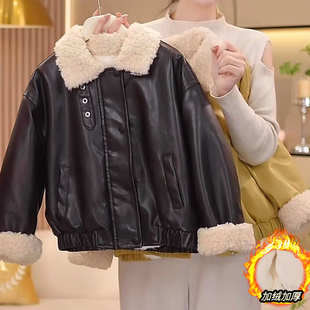 女童皮衣外套秋冬款2025新款中大童女孩时尚洋气加绒加厚PU皮夹克