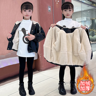 潮 PU皮夹克上衣冬装 女童加绒加厚皮衣外套2025新款 洋气中大童时尚