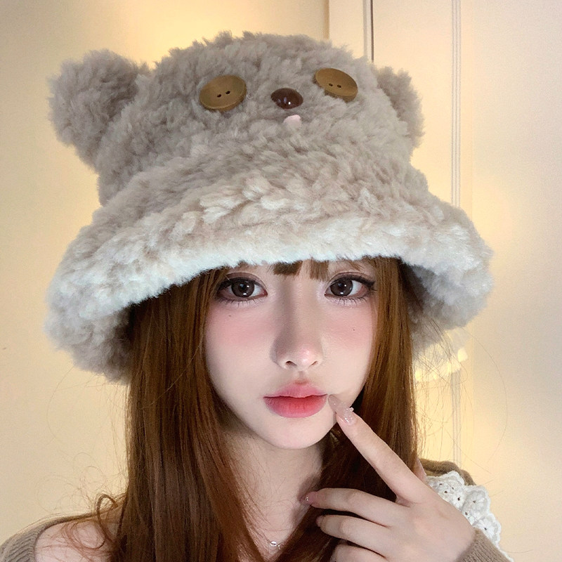 可爱小熊纽扣毛绒渔夫帽女冬季保暖显脸小盆帽加绒大头围百搭帽子,服饰配件/皮带/帽子/围巾,帽子,淘宝优惠券,粉丝福利购,淘宝优惠卷